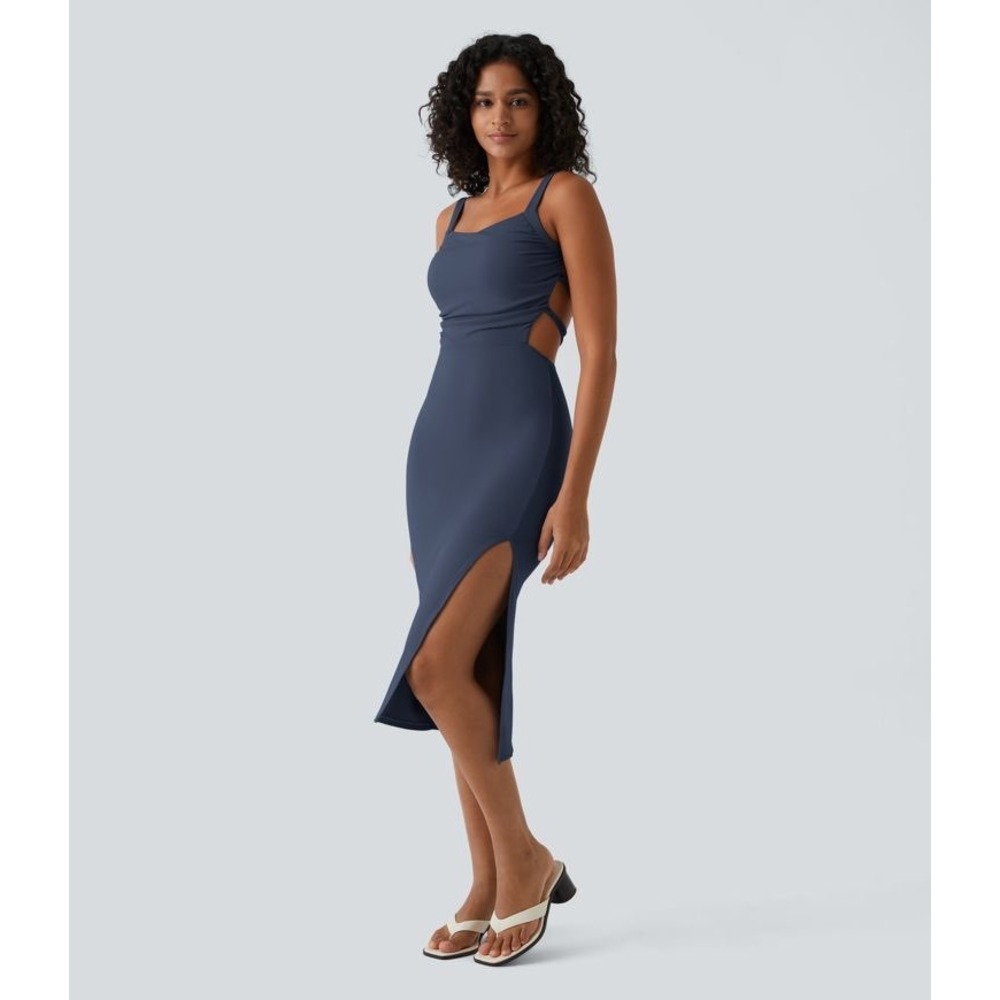 Halara Ruched Lace Up Bodycon Midi Dress Small Blue NWT Side Slit Open Back